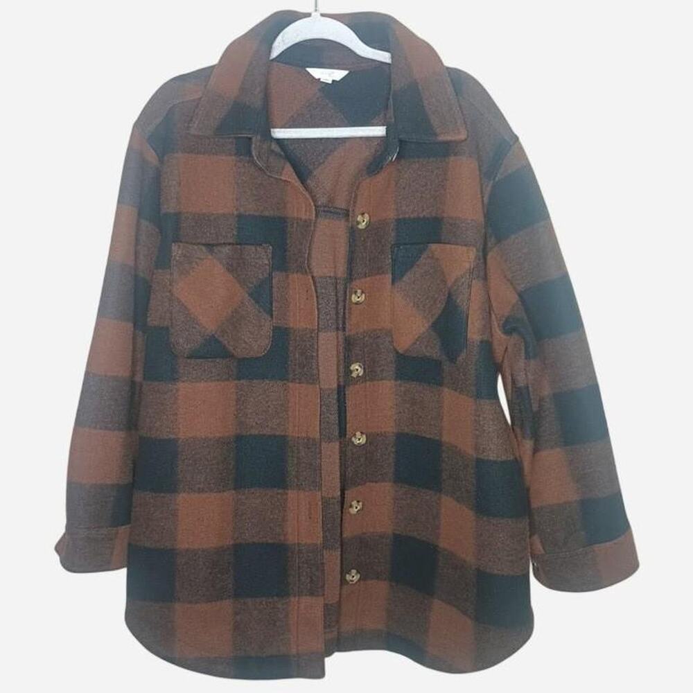 Terra and Sky Black and Brown Plaid Flannel Button Up size 0X (14W)